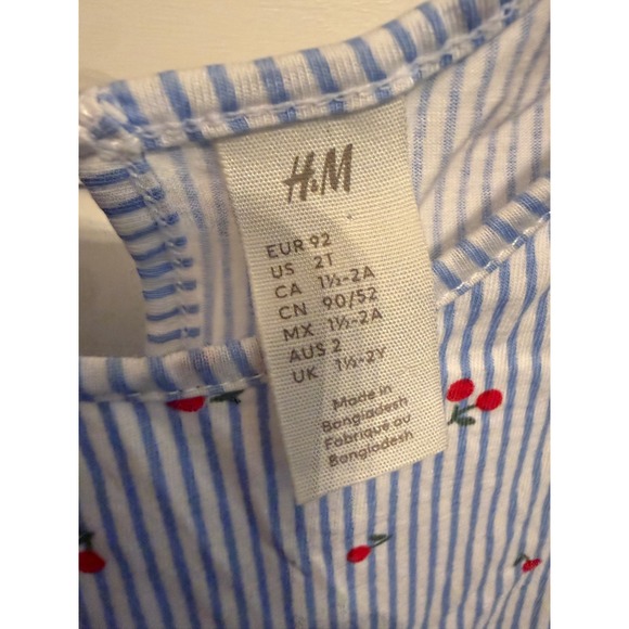 HM Baby Girl Blue White Striped Cherry Print Flutter Sleeve Dress Size 2T - Picture 2 of 2